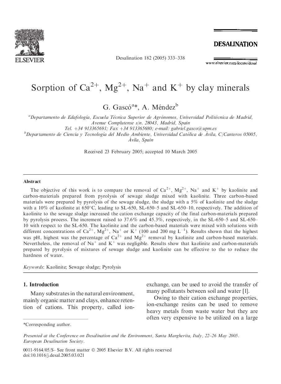 Sorption of Ca2+, Mg2+, Na+ and K+ by clay minerals