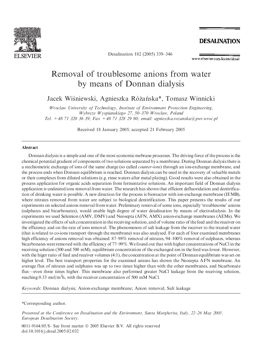 Removal of troublesome anions from water by means of Donnan dialysis