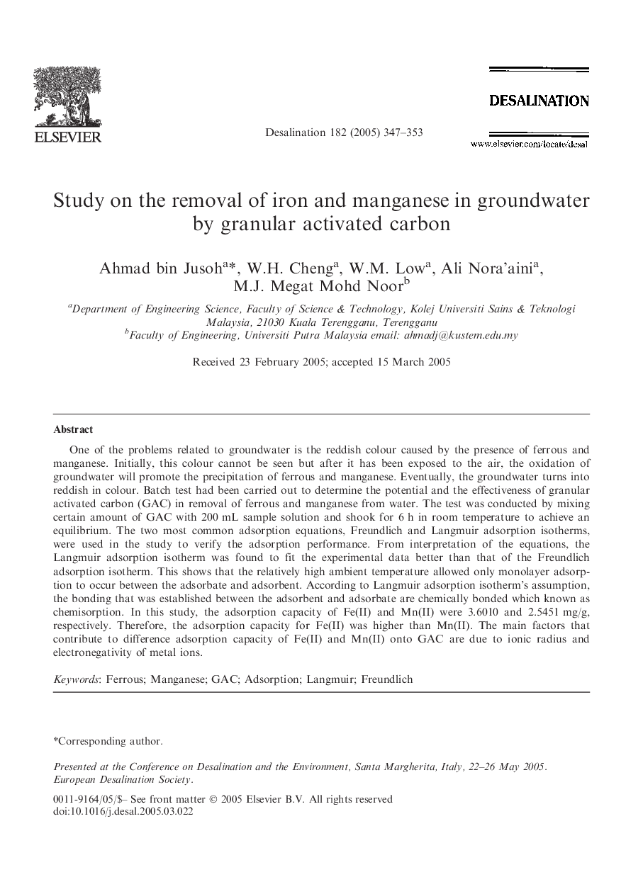 Study on the removal of iron and manganese in groundwater by granular activated carbon