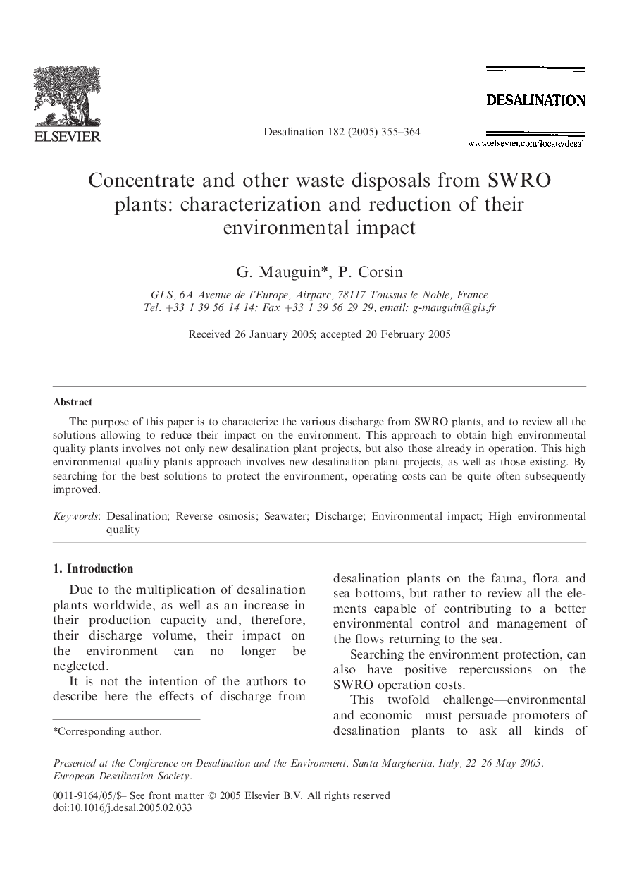 Concentrate and other waste disposals from SWRO plants: characterization and reduction of their environmental impact