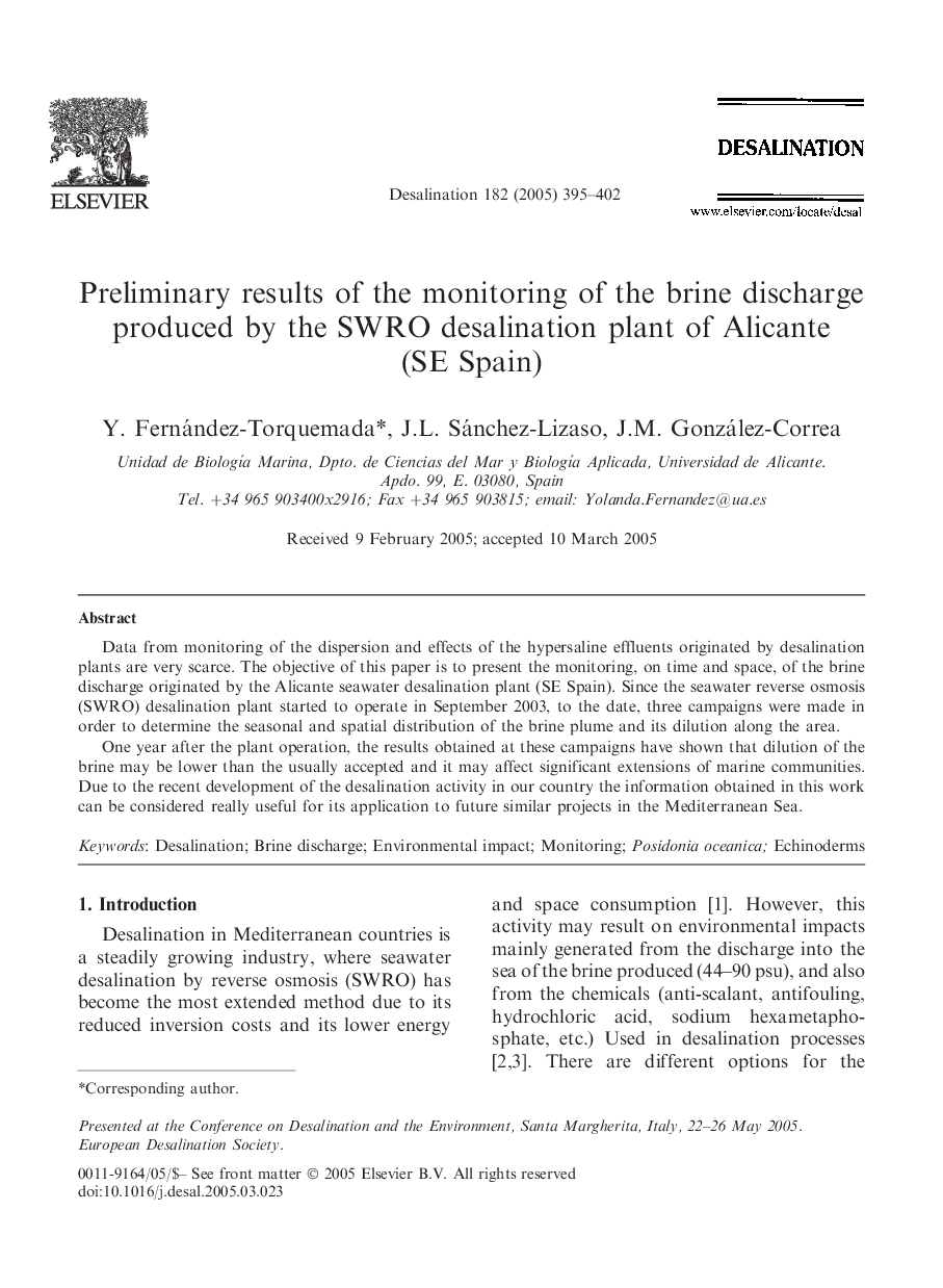 Preliminary results of the monitoring of the brine discharge produced by the SWRO desalination plant of Alicante (SE Spain)