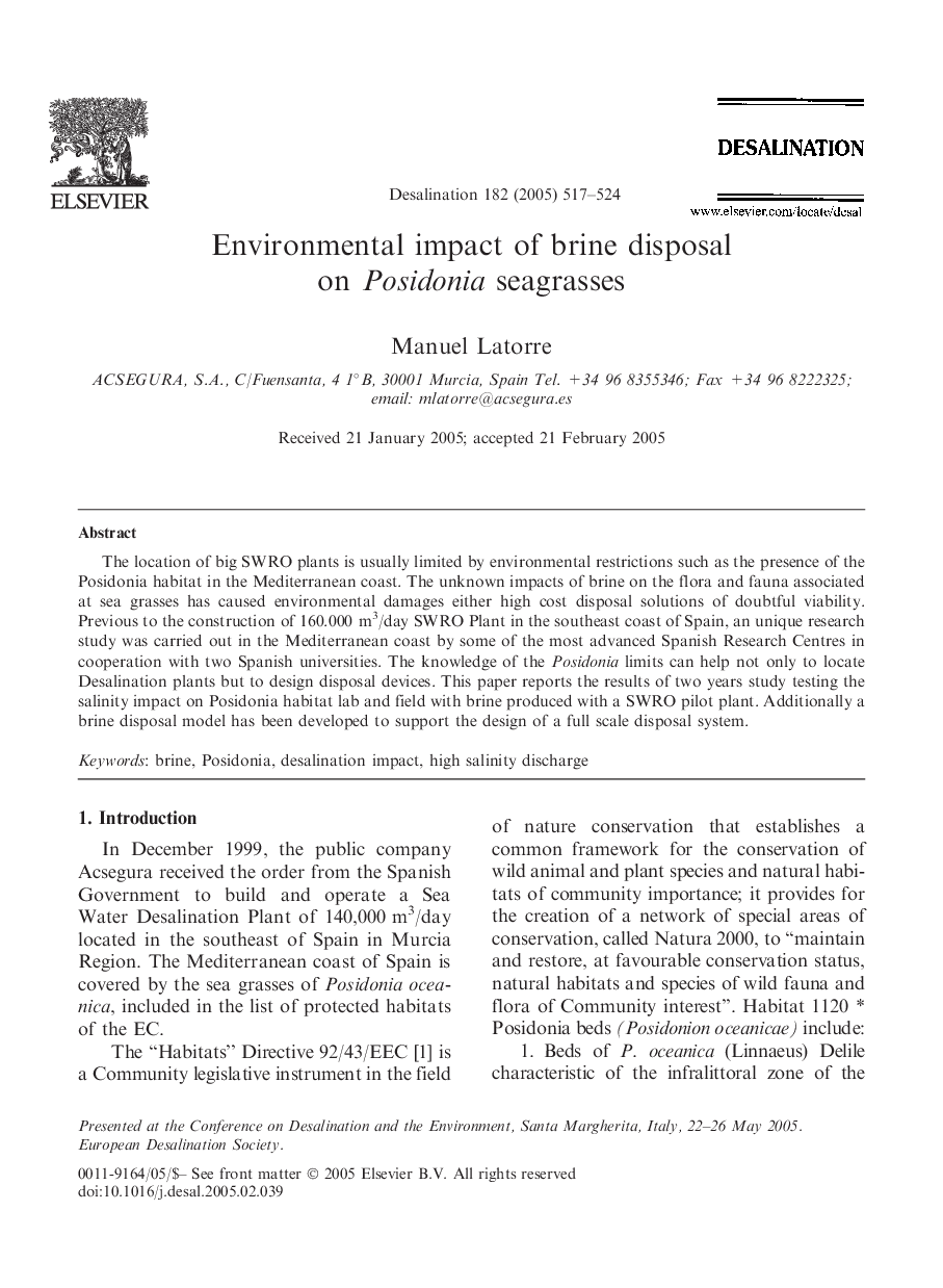 Environmental impact of brine disposal on Posidonia seagrasses