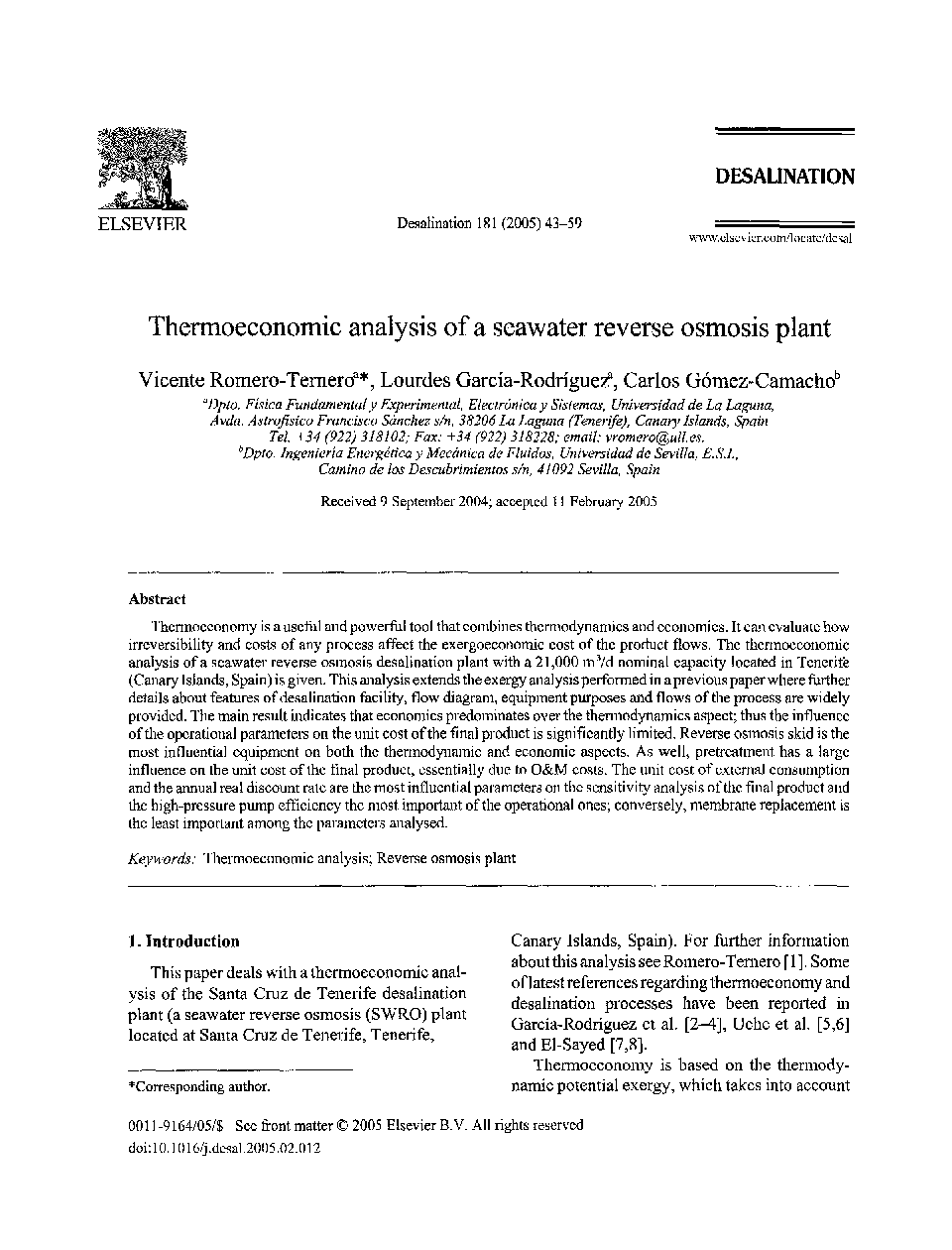 Thermoeconomic analysis of a seawater reverse osmosis plant