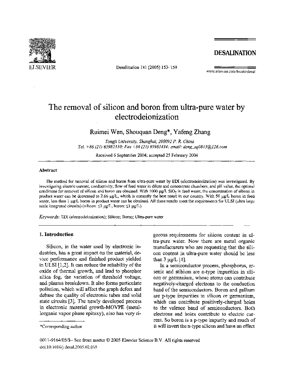 The removal of silicon and boron from ultra-pure water by electrodeionization