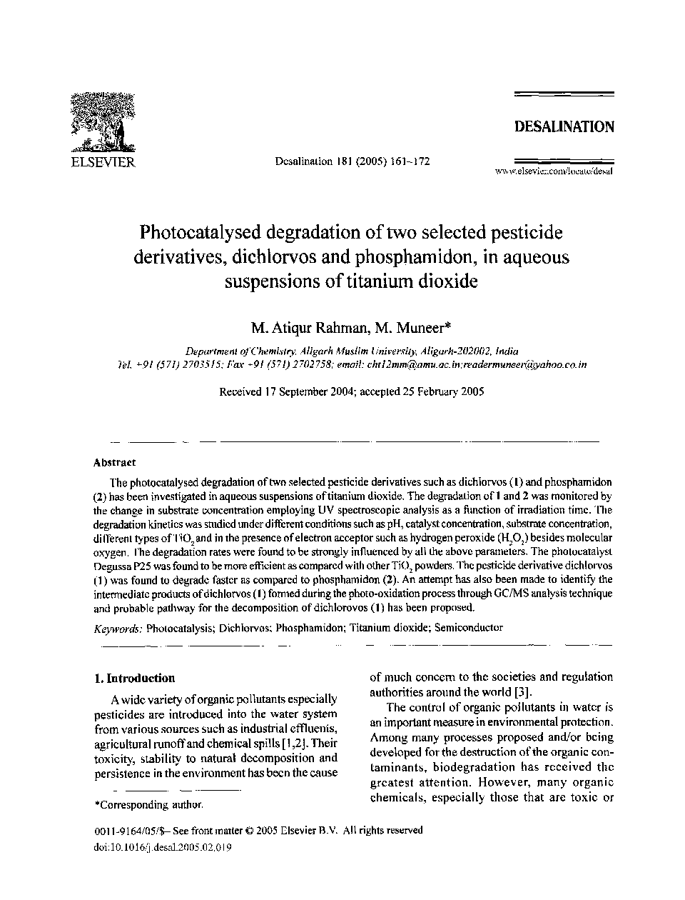 Photocatalysed degradation of two selected pesticide derivatives, dichlorvos and phosphamidon, in aqueous suspensions of titanium dioxide