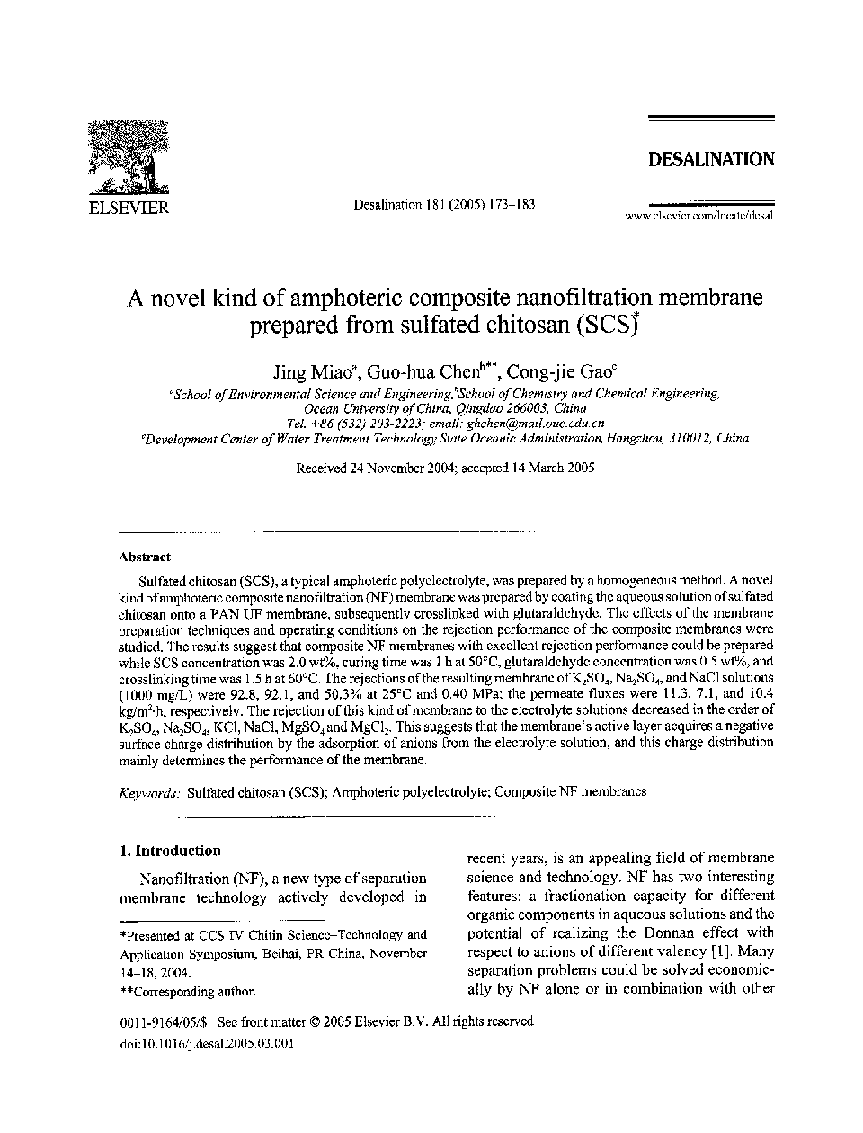 A novel kind of amphoteric composite nanofiltration membrane prepared from sulfated chitosan (SCS)