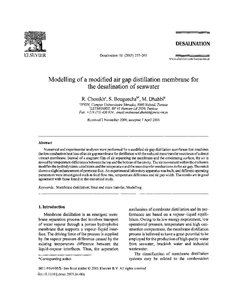 Modelling of a modified air gap distillation membrane for the desalination of seawater