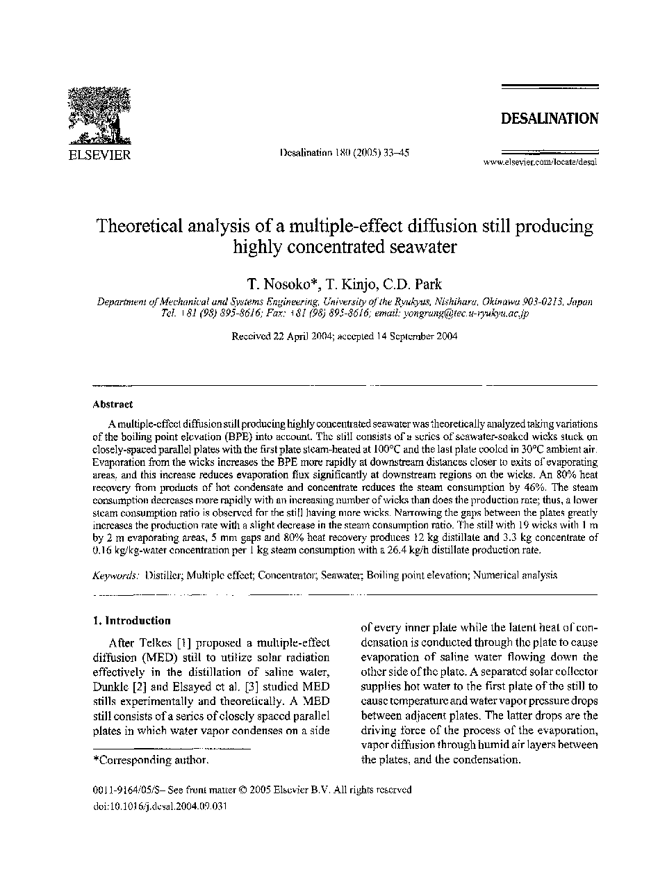 Theoretical analysis of a multiple-effect diffusion still producing highly concentrated seawater