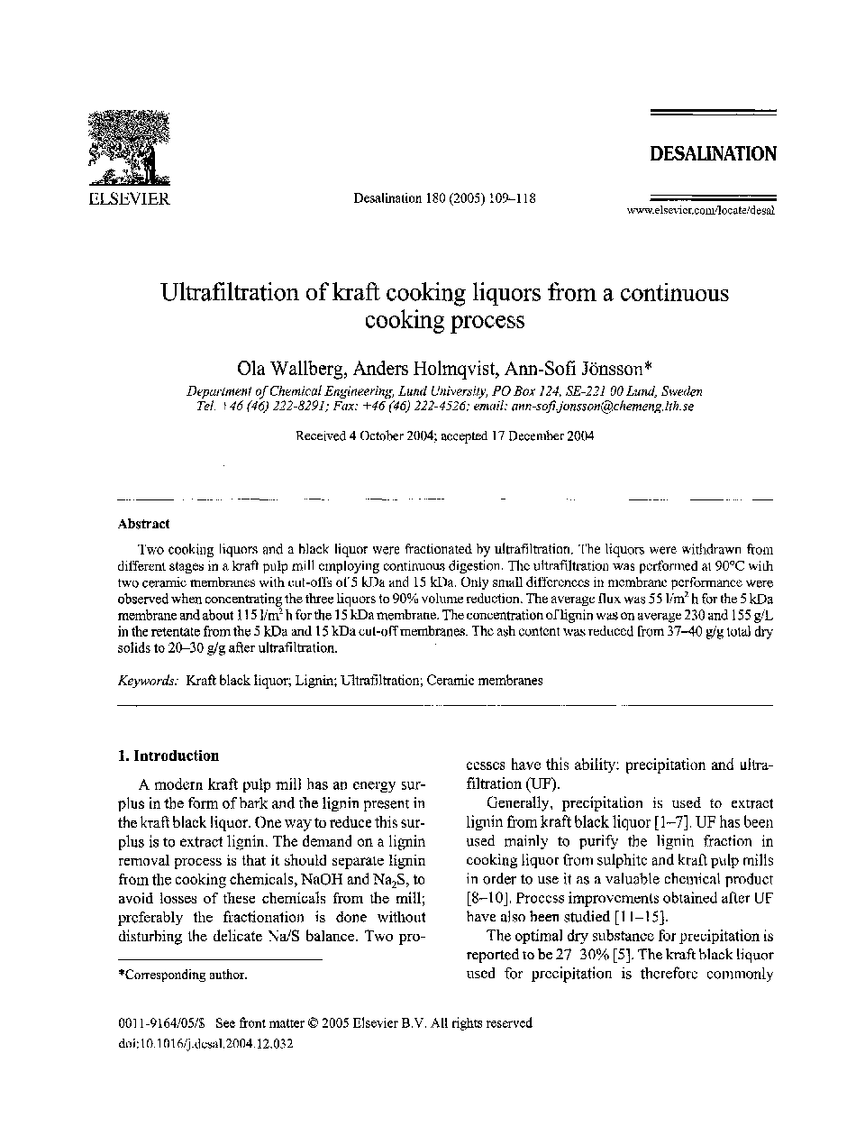 Ultrafiltration of kraft cooking liquors from a continuous cooking process