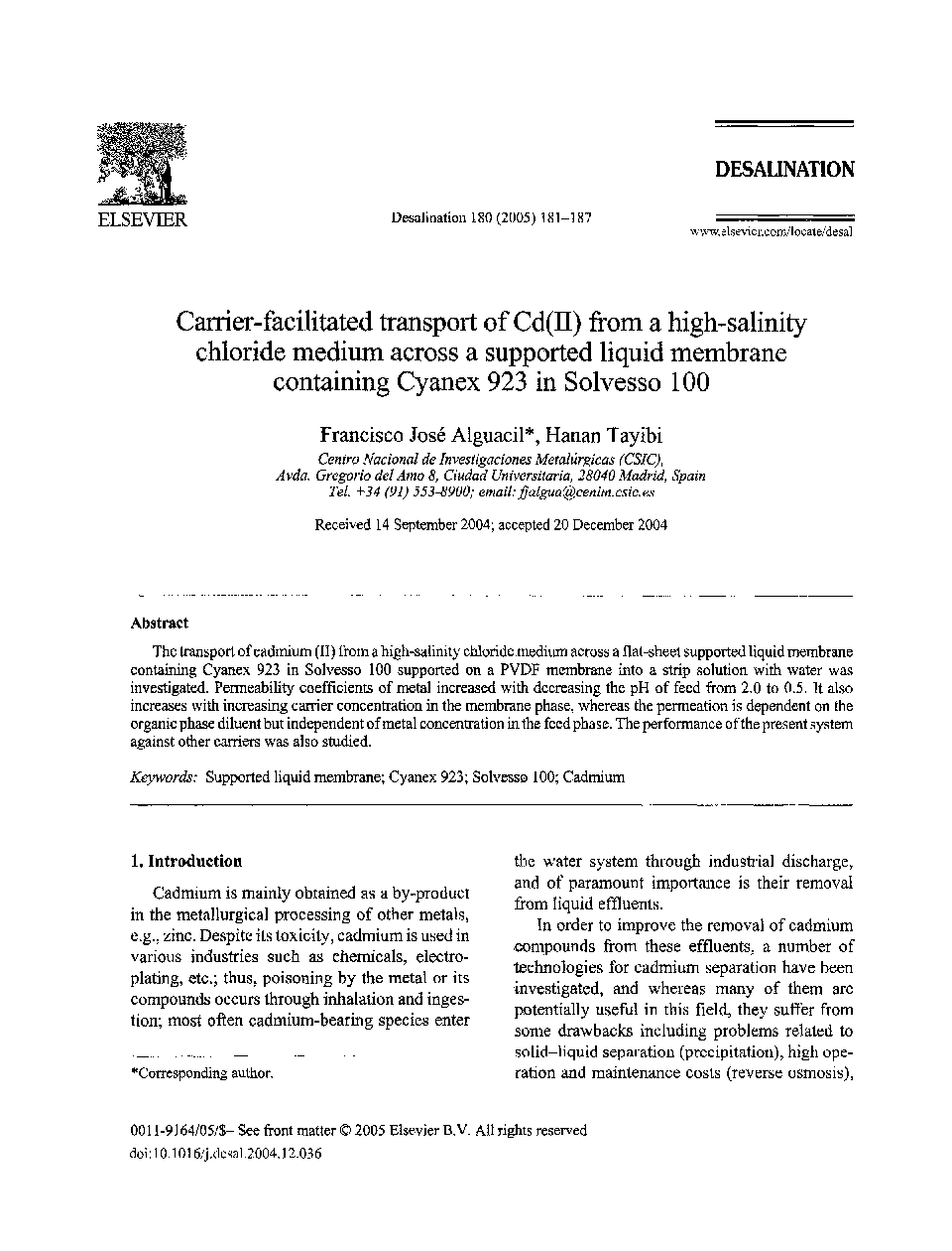 Carrier-facilitated transport of Cd(II) from a high-salinity chloride medium across a supported liquid membrane containing Cyanex 923 in Solvesso 100