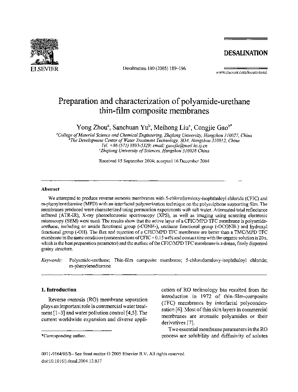 Preparation and characterization of polyamide-urethane thin-film composite membranes