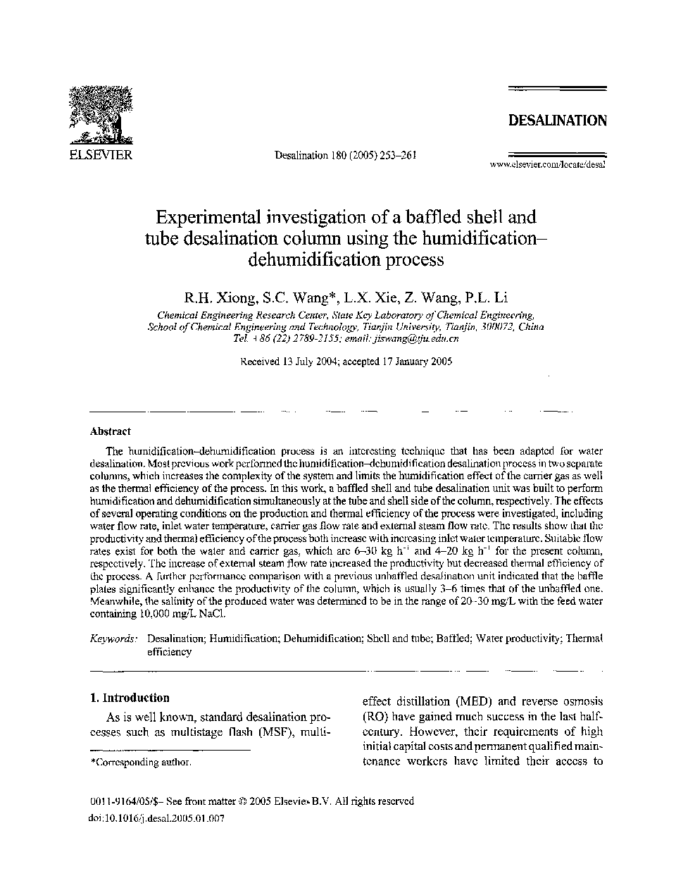 Experimental investigation of a baffled shell and tube desalination column using the humidification-dehumidification process
