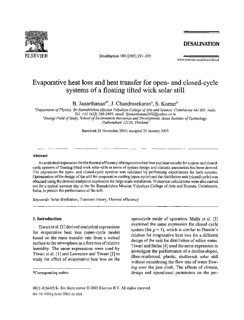 Evaporative heat loss and heat transfer for open- and closed-cycle systems of a floating tilted wick solar still