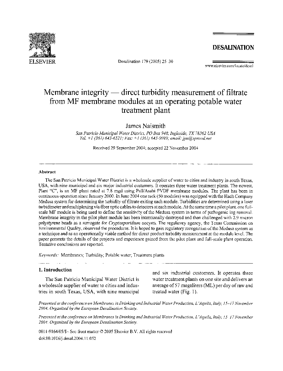 Membrane integrity - direct turbidity measurement of filtrate from MF membrane modules at an operating potable water treatment plant