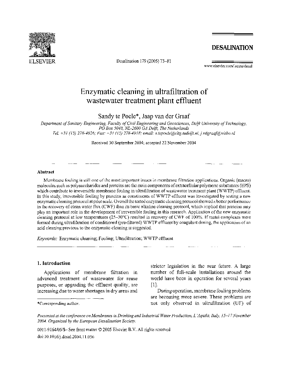 Enzymatic cleaning in ultrafiltration of wastewater treatment plant effluent