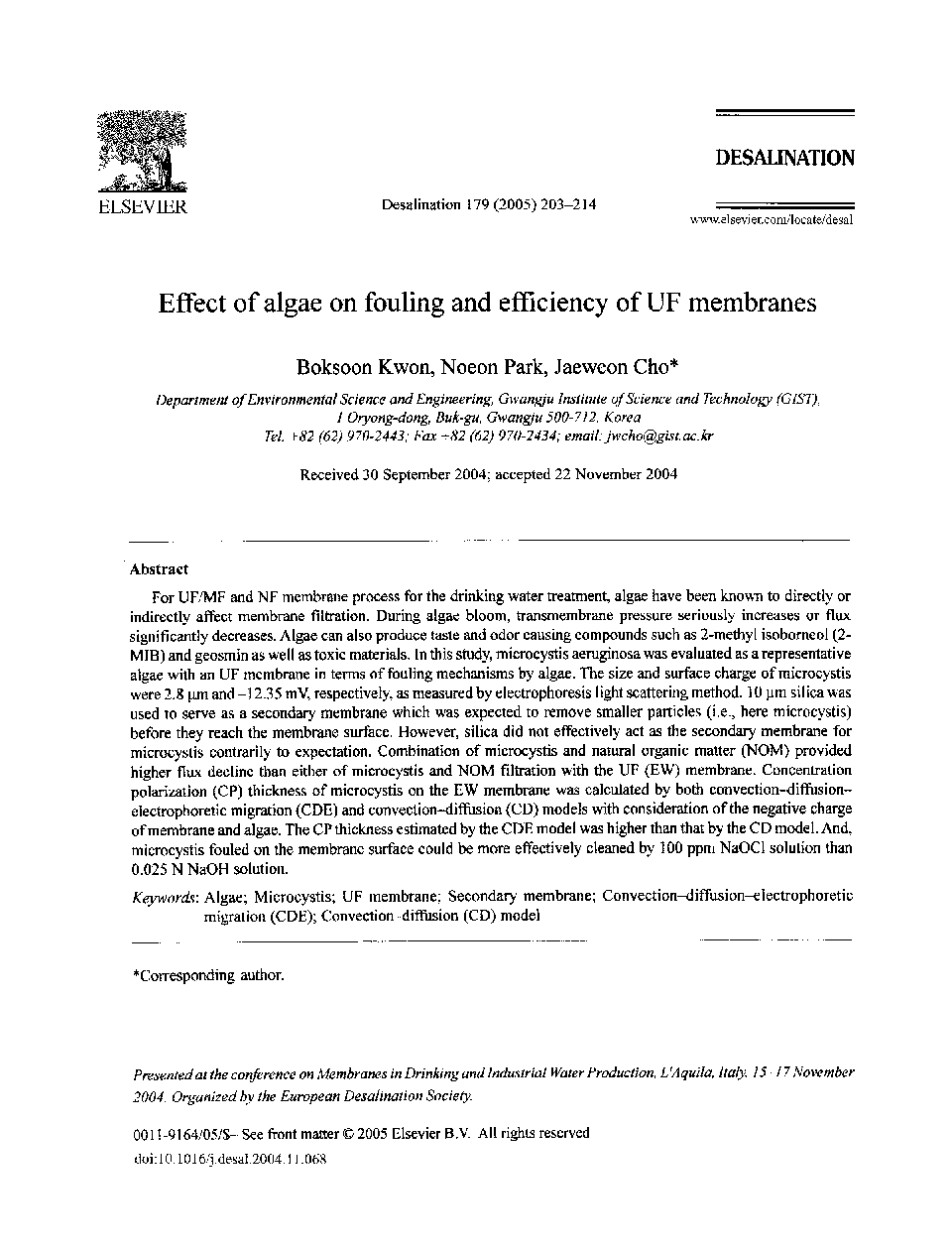 Effect of algae on fouling and efficiency of UF membranes