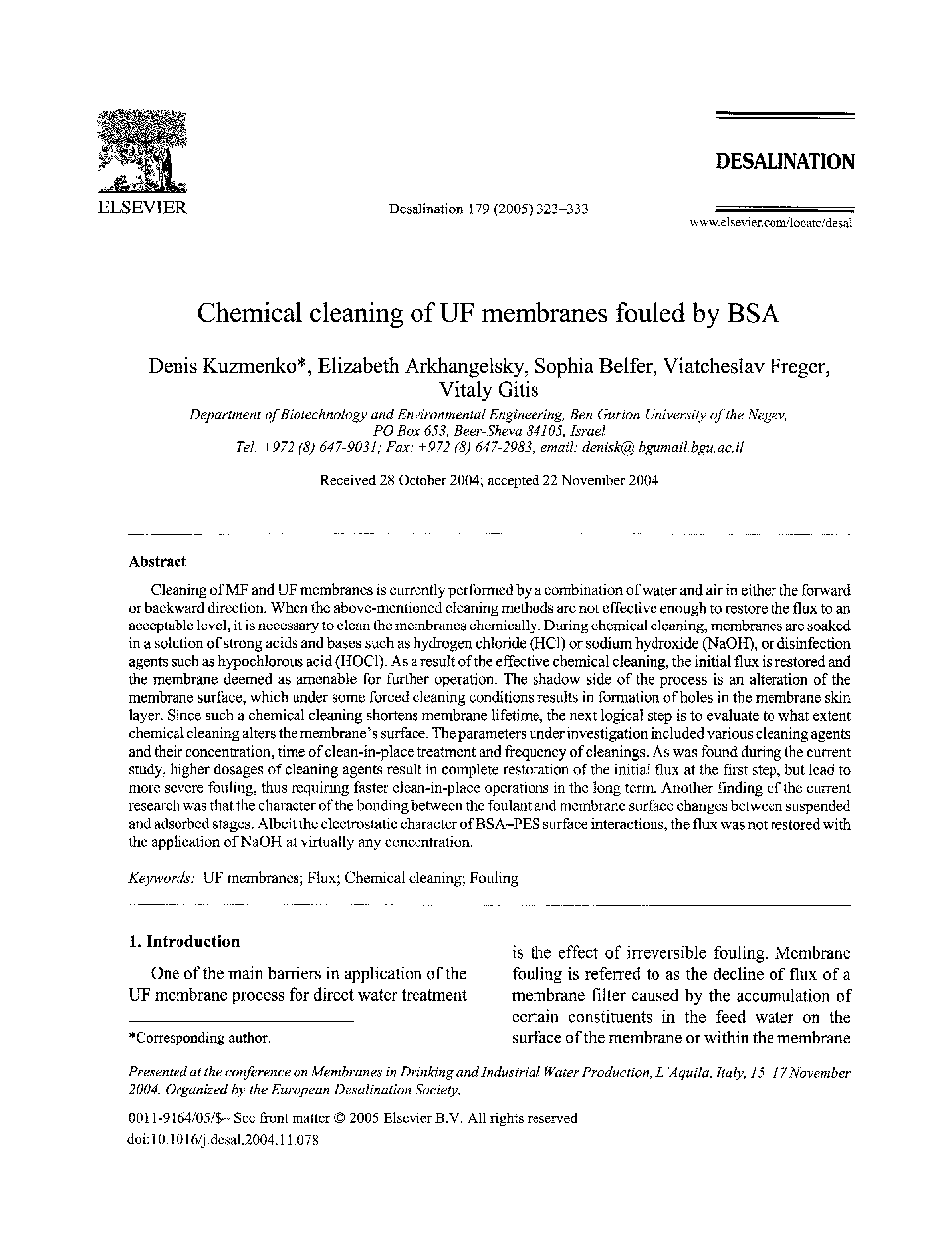 Chemical cleaning of UF membranes fouled by BSA