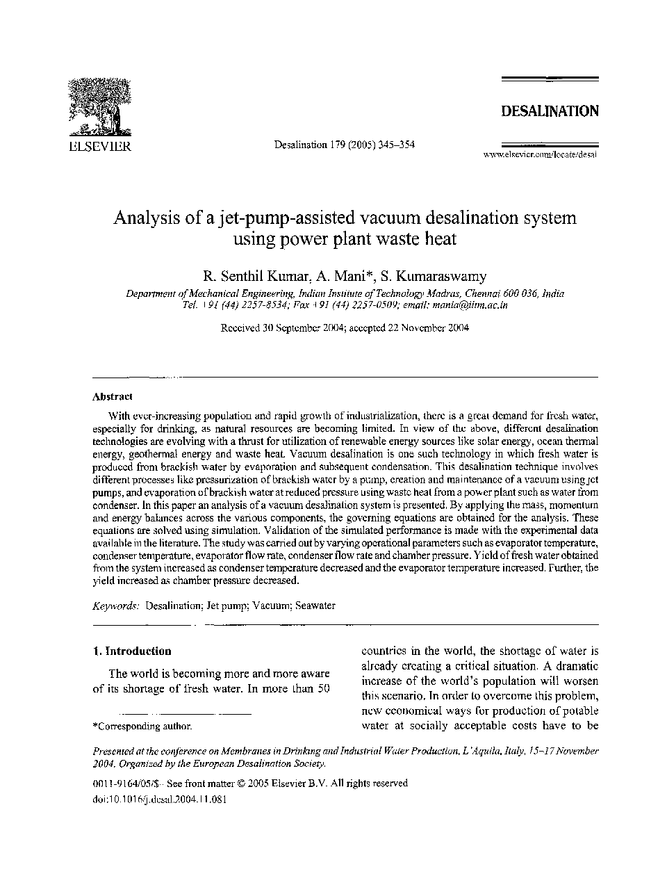 Analysis of a jet-pump-assisted vacuum desalination system using power plant waste heat