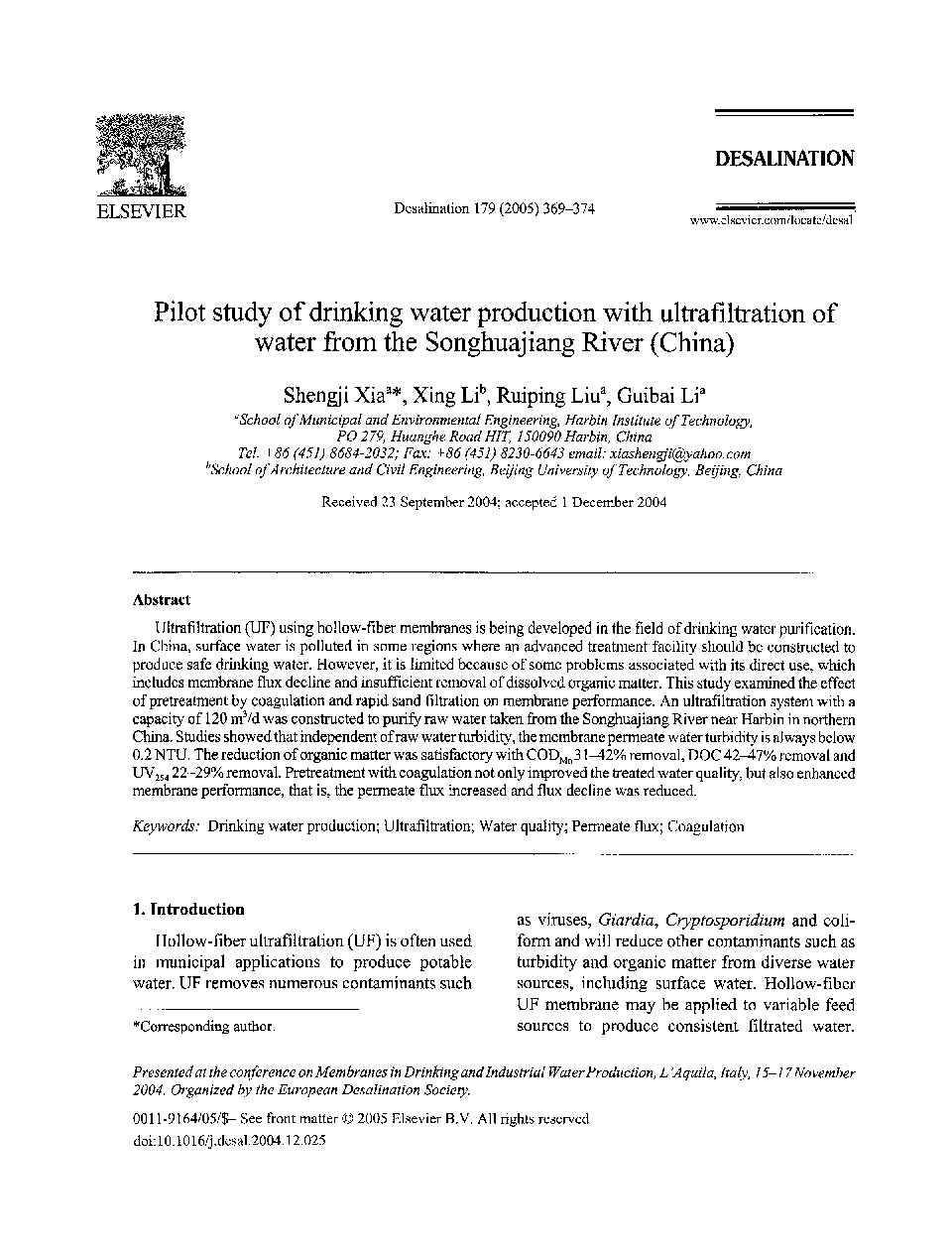 Pilot study of drinking water production with ultrafiltration of water from the Songhuajiang River (China)