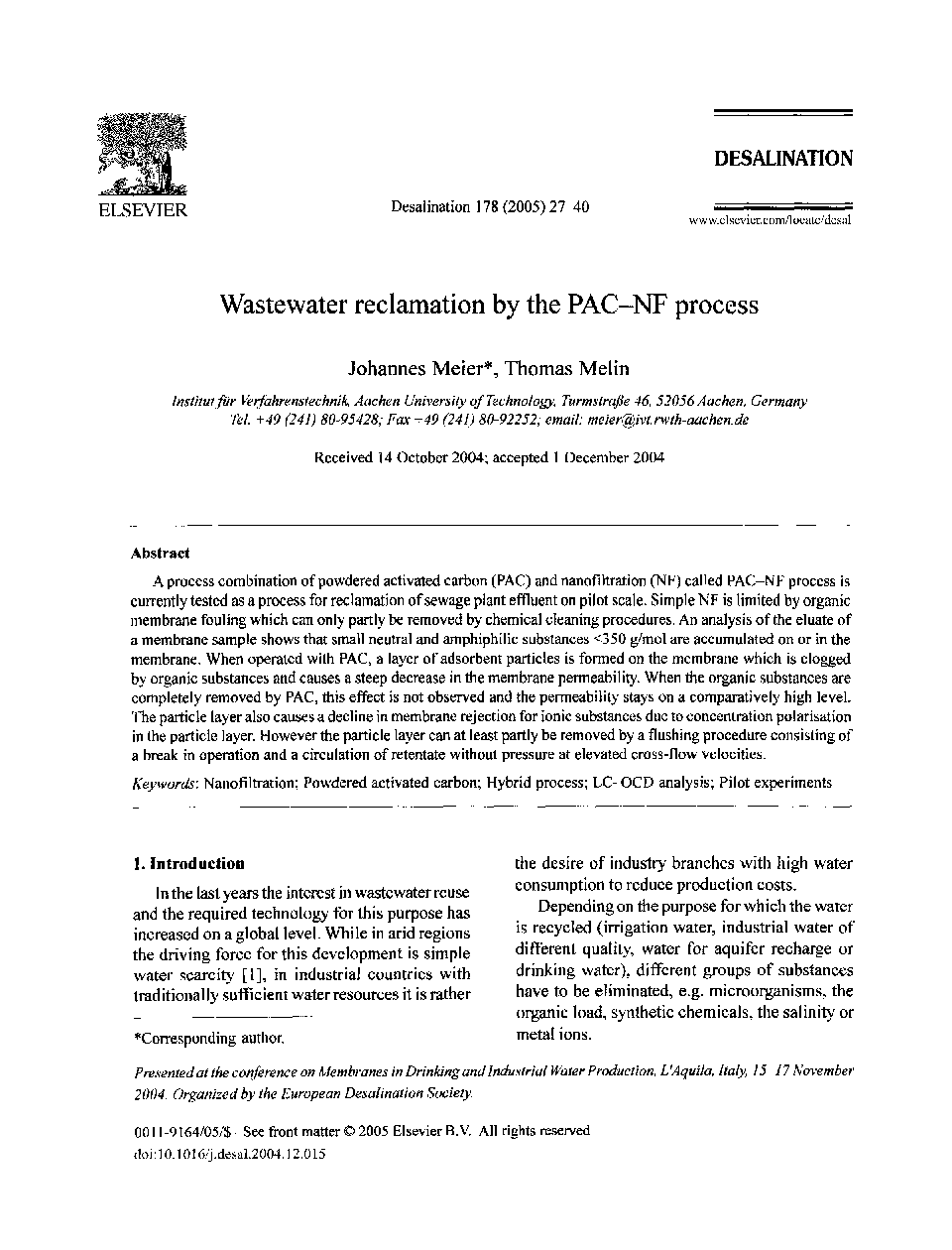 Wastewater reclamation by the PAC-NF process