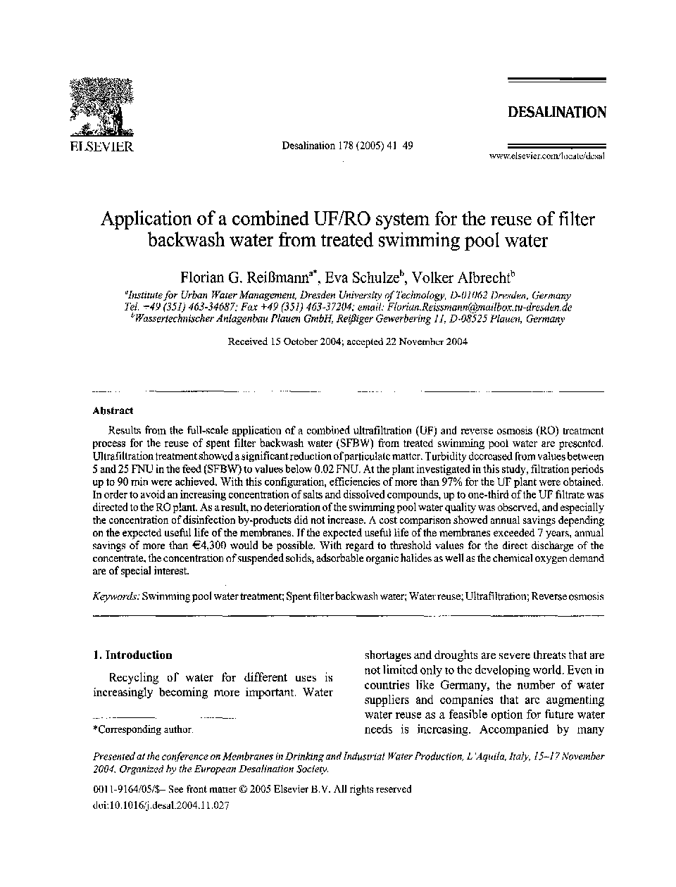 Application of a combined UF/RO system for the reuse of filter backwash water from treated swimming pool water