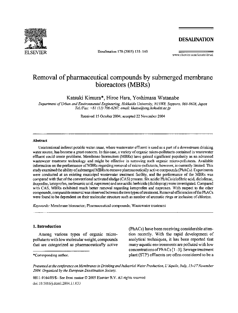 Removal of pharmaceutical compounds by submerged membrane bioreactors (MBRs)