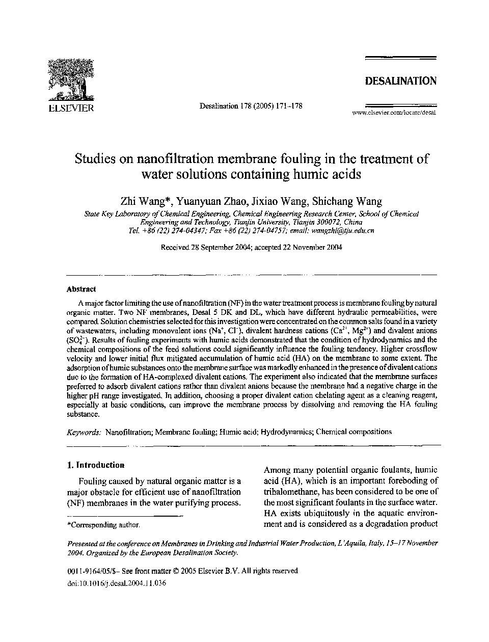 Studies on nanofiltration membrane fouling in the treatment of water solutions containing humic acids