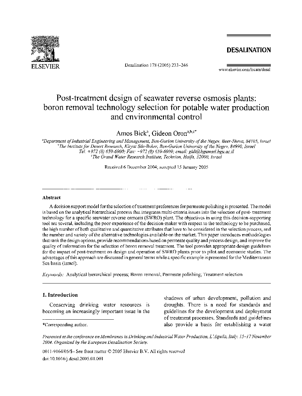 Post-treatment design of seawater reverse osmosis plants: boron removal technology selection for potable water production and environmental control