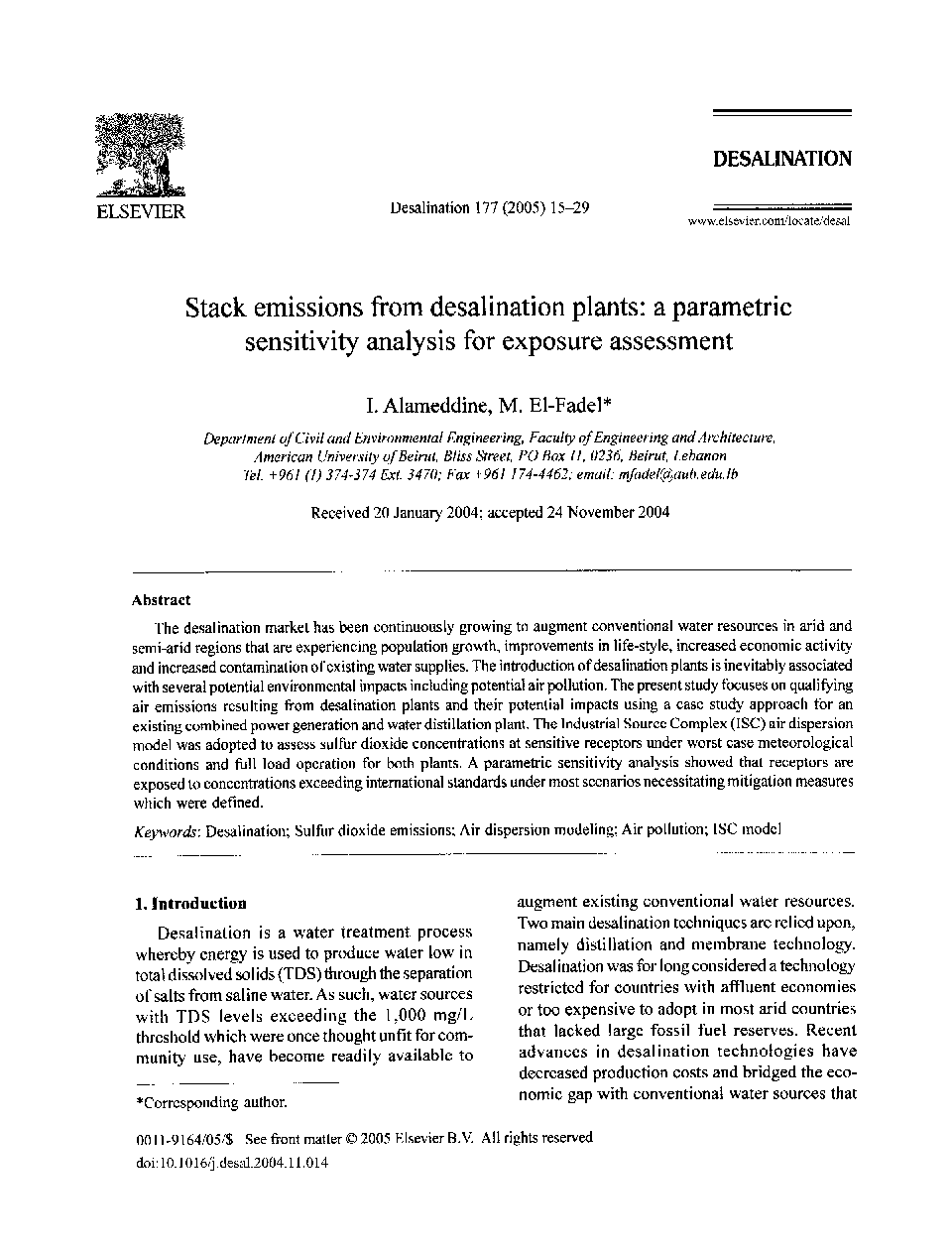 Stack emissions from desalination plants: a parametric sensitivity analysis for exposure assessment