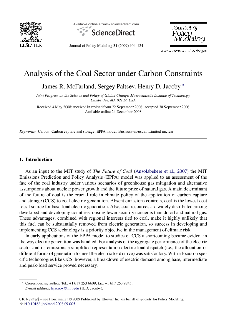 Analysis of the Coal Sector under Carbon Constraints
