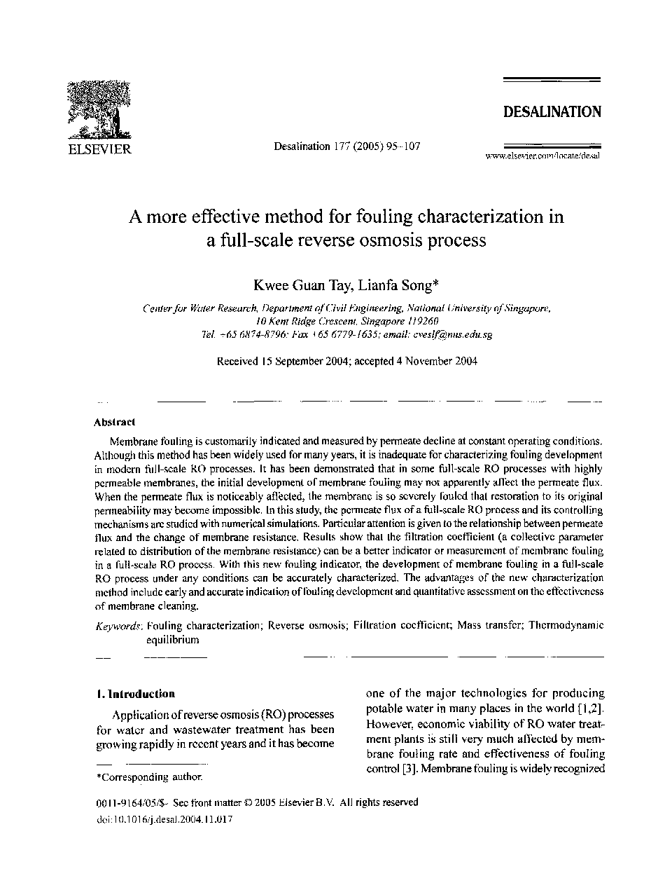 A more effective method for fouling characterization in a full-scale reverse osmosis process