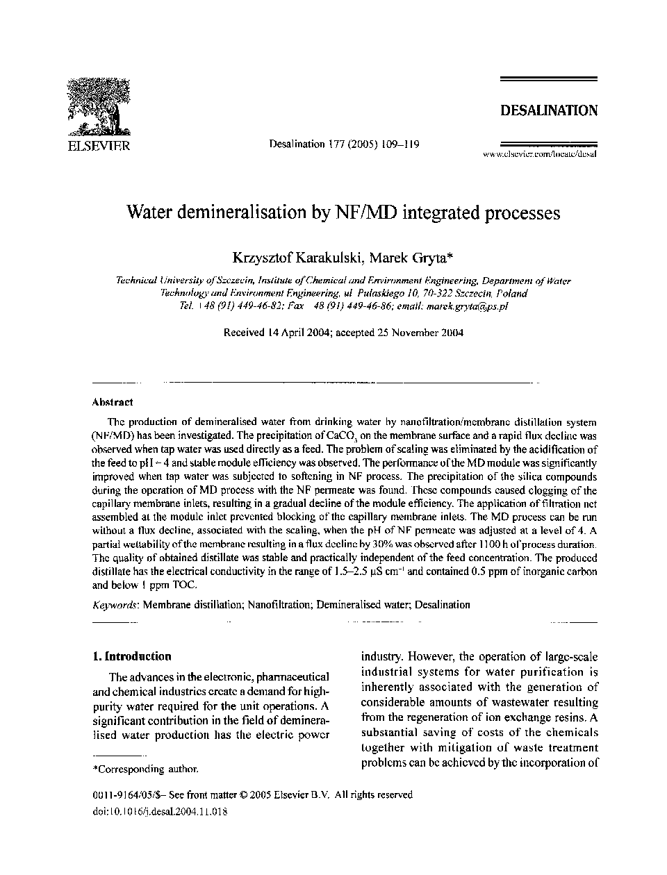 Water demineralisation by NF/MD integrated processes