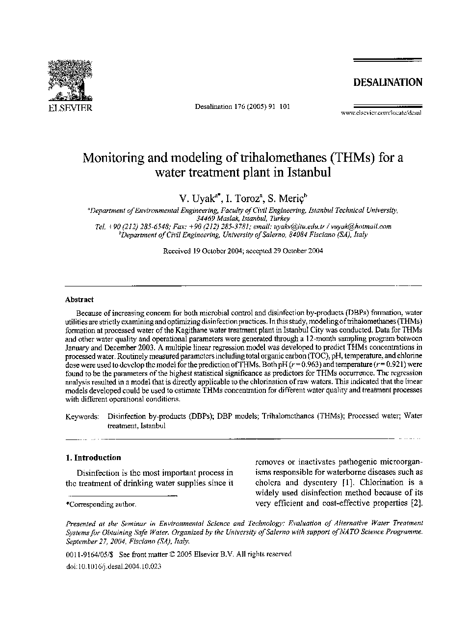 Monitoring and modeling of trihalomethanes (THMs) for a water treatment plant in Istanbul