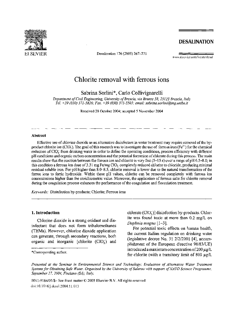 عکس صفحه اول مقاله: Chlorite removal with ferrous ions Chlorite removal with ferrous ions