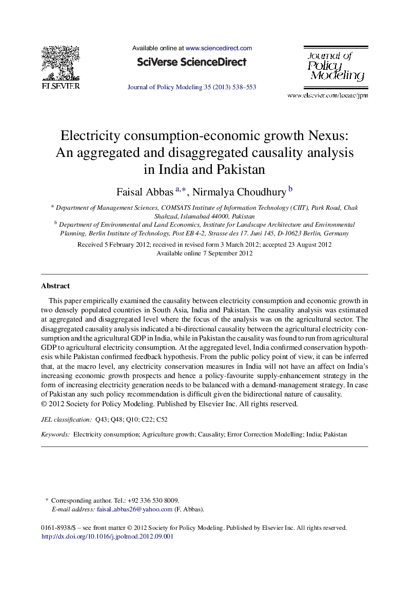 Electricity consumption-economic growth Nexus: An aggregated and disaggregated causality analysis in India and Pakistan