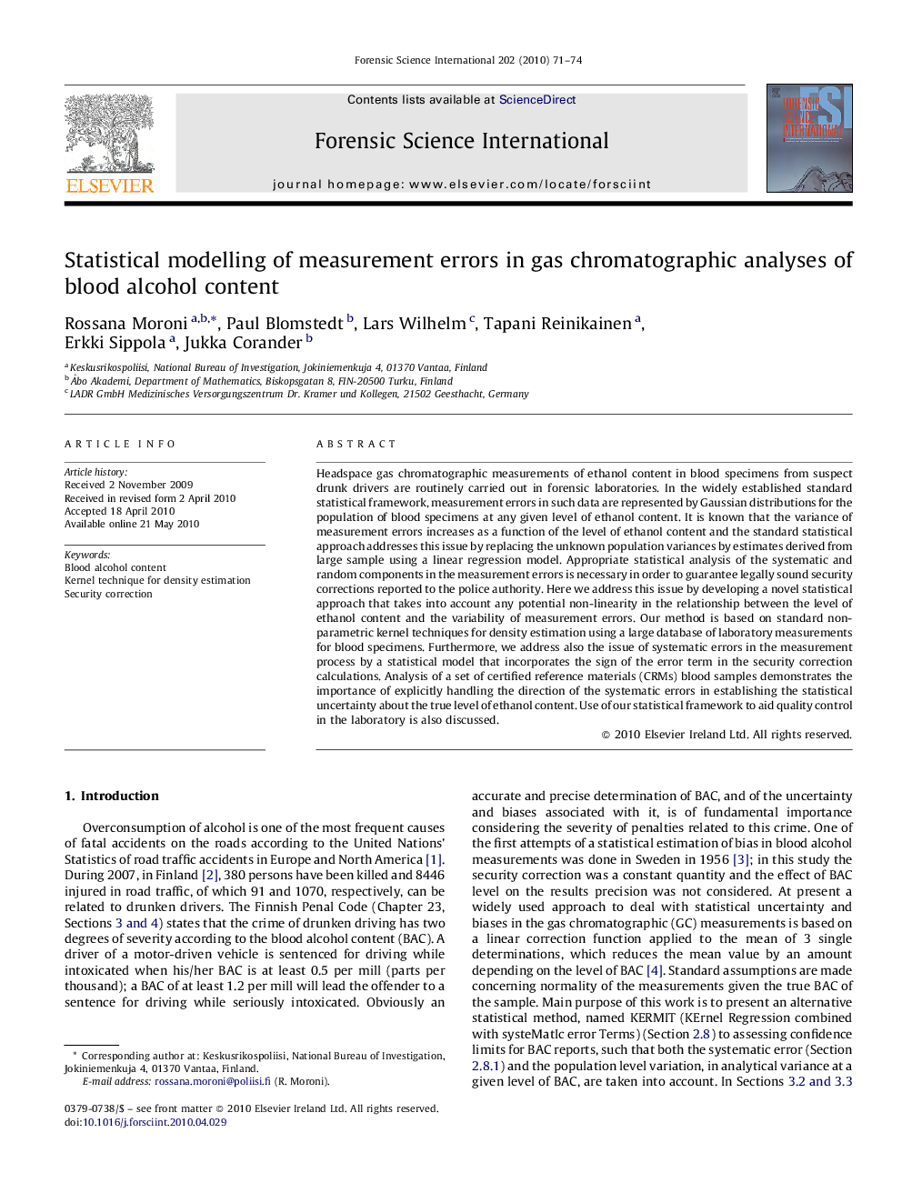 Statistical modelling of measurement errors in gas chromatographic analyses of blood alcohol content