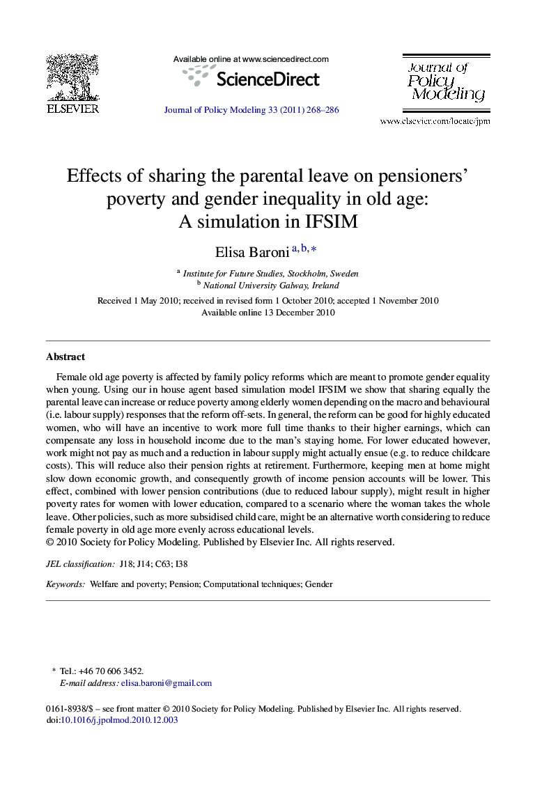 Effects of sharing the parental leave on pensioners’ poverty and gender inequality in old age: A simulation in IFSIM