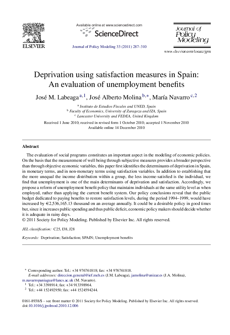 Deprivation using satisfaction measures in Spain: An evaluation of unemployment benefits