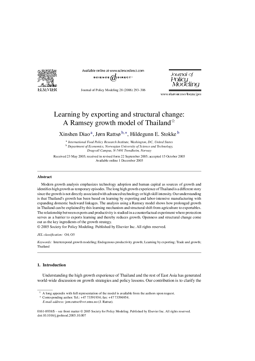 Learning by exporting and structural change: A Ramsey growth model of Thailand 