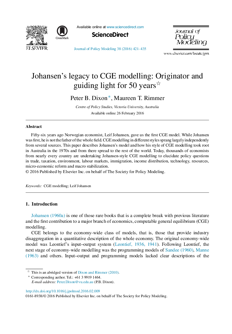 Johansen's legacy to CGE modelling: Originator and guiding light for 50 years 