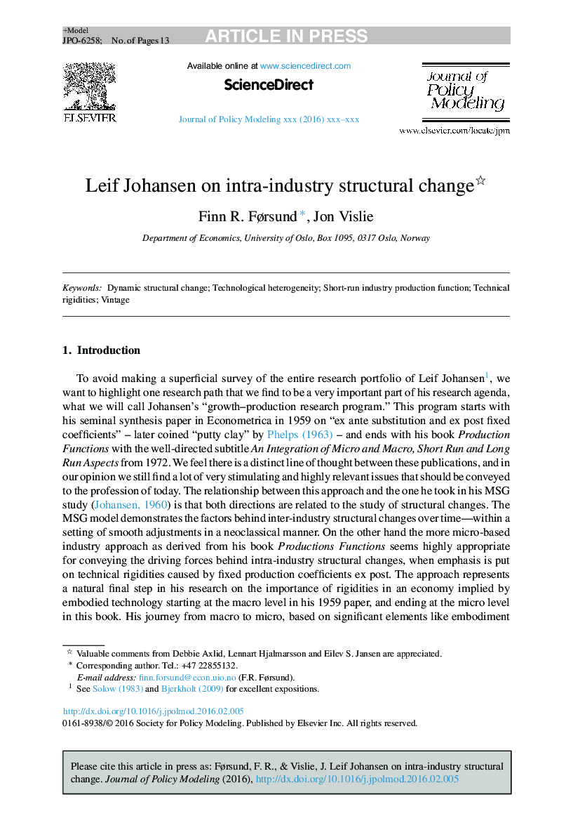 Leif Johansen on intra-industry structural change