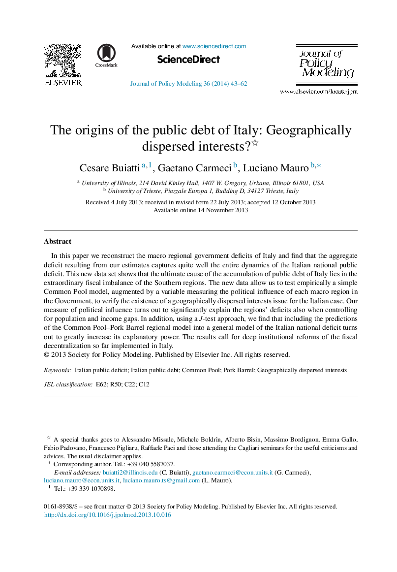 The origins of the public debt of Italy: Geographically dispersed interests? 