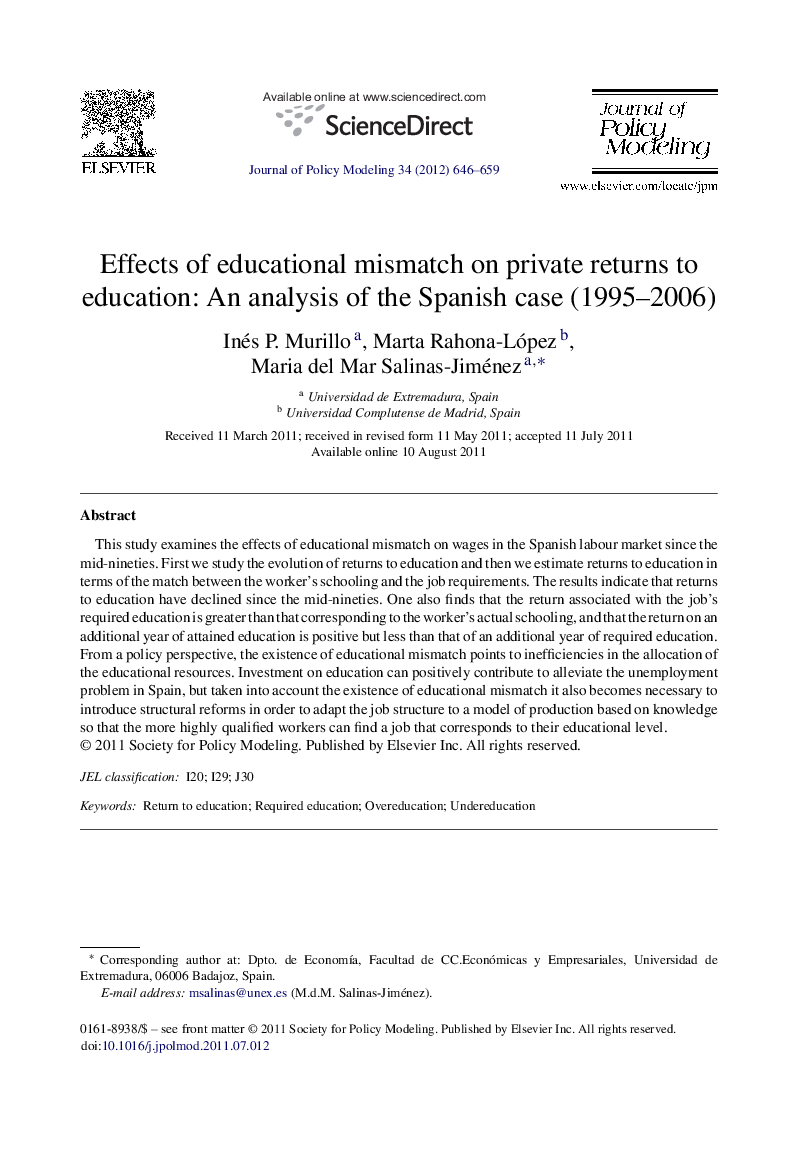 Effects of educational mismatch on private returns to education: An analysis of the Spanish case (1995–2006)