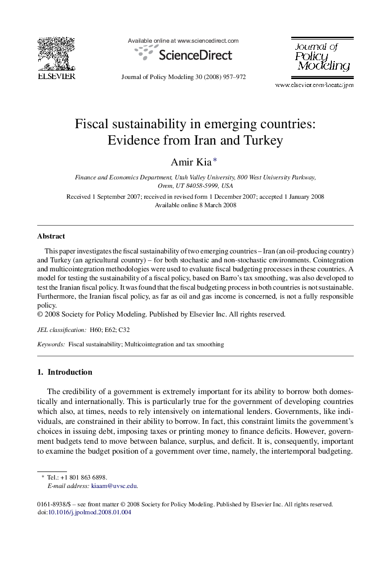 Fiscal sustainability in emerging countries: Evidence from Iran and Turkey