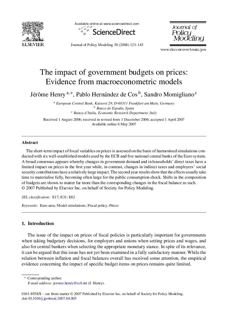 The impact of government budgets on prices: Evidence from macroeconometric models