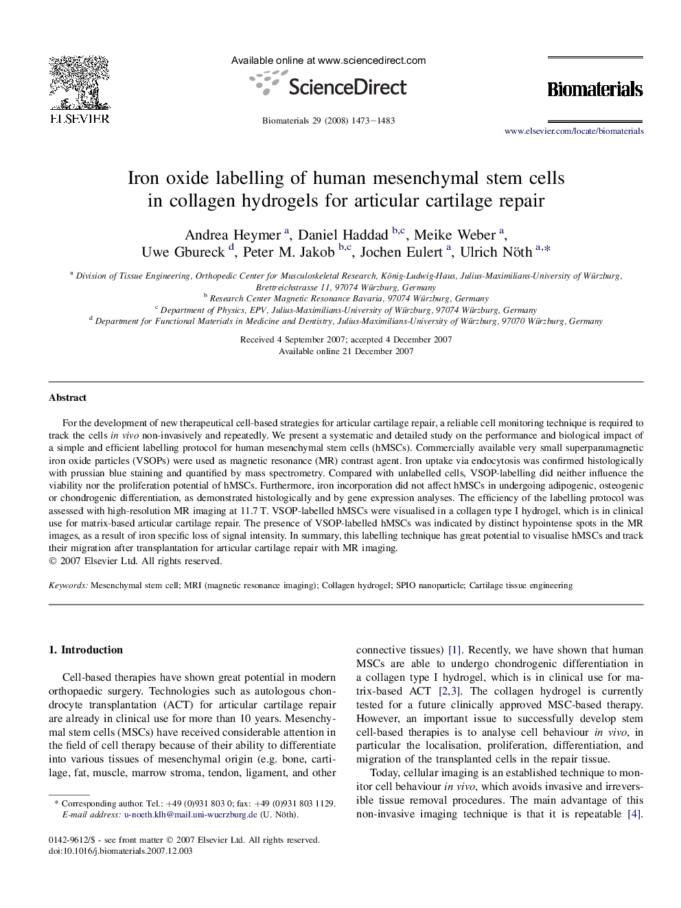 Iron oxide labelling of human mesenchymal stem cells in collagen hydrogels for articular cartilage repair