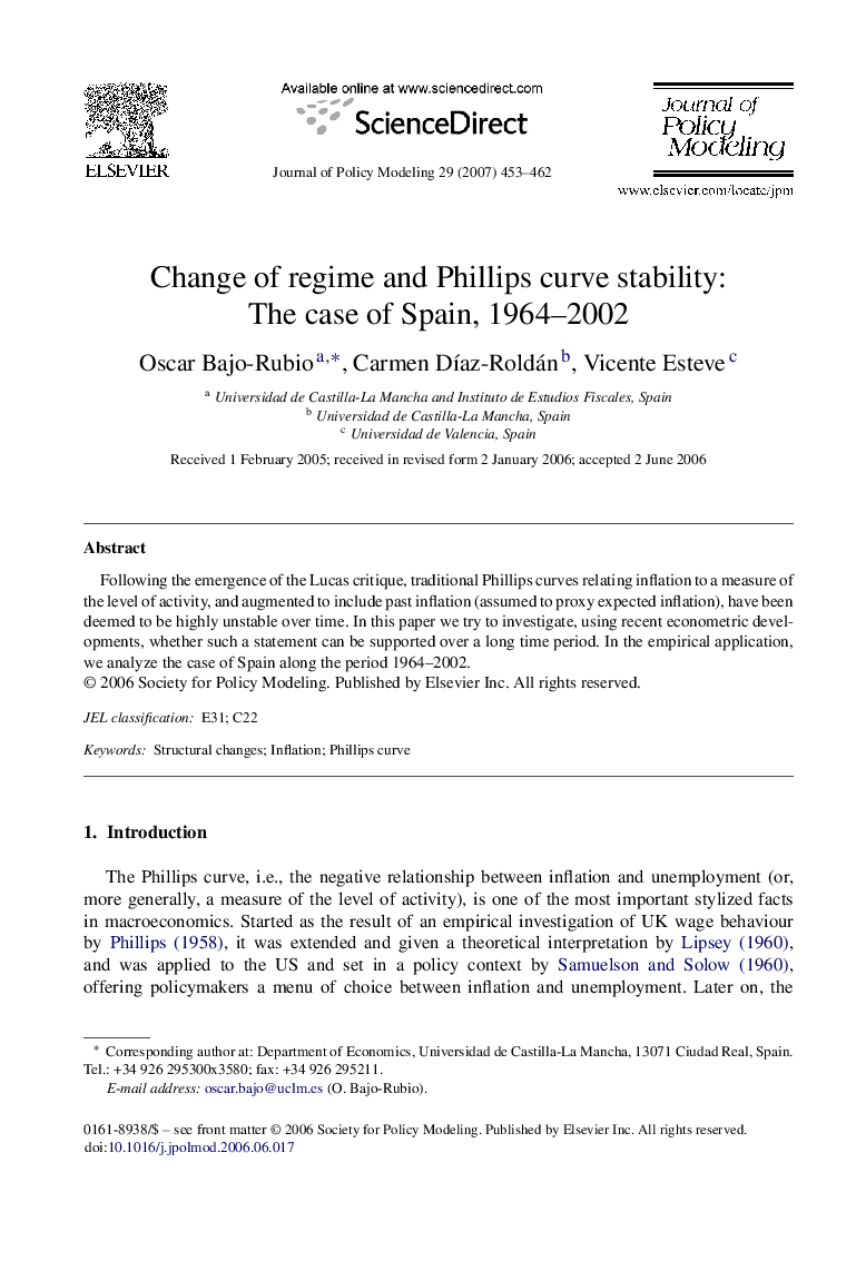 Change of regime and Phillips curve stability: The case of Spain, 1964–2002