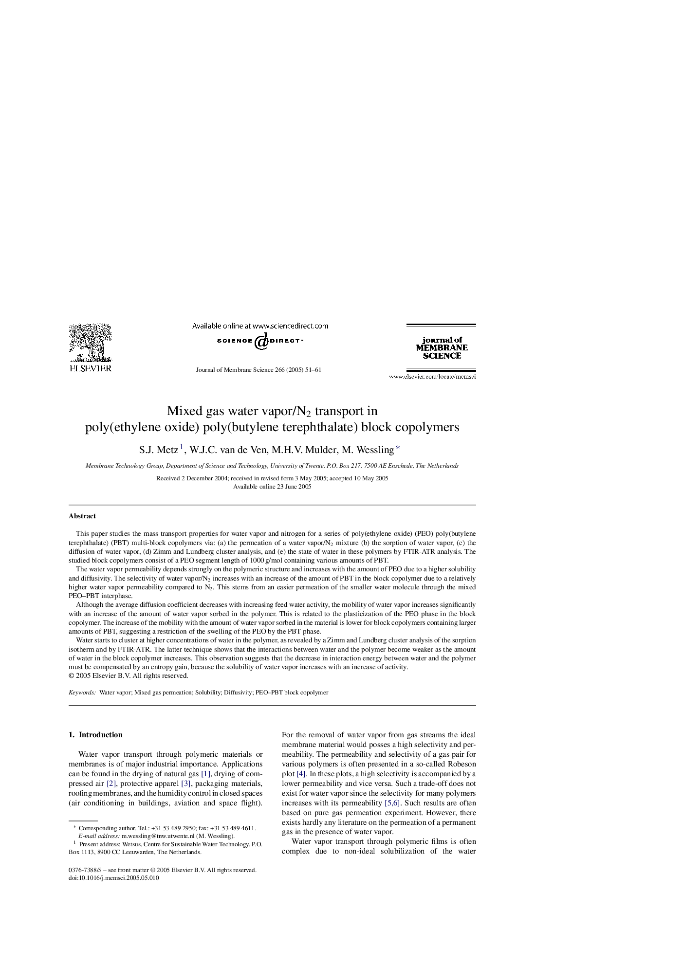 Mixed gas water vapor/N2 transport in poly(ethylene oxide) poly(butylene terephthalate) block copolymers