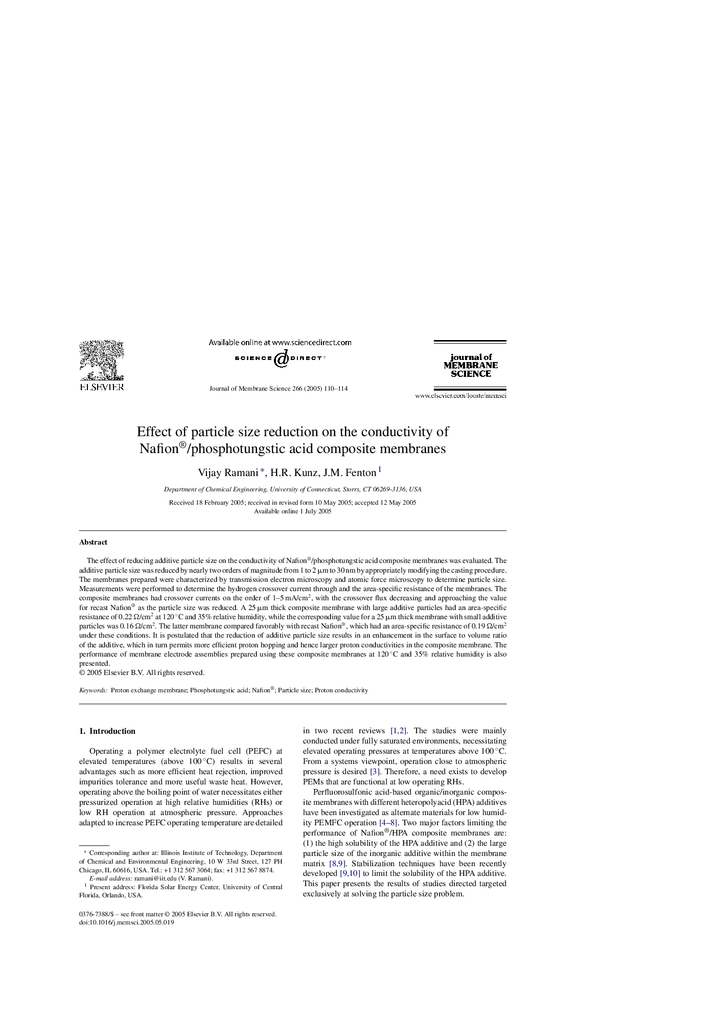 Effect of particle size reduction on the conductivity of Nafion®/phosphotungstic acid composite membranes