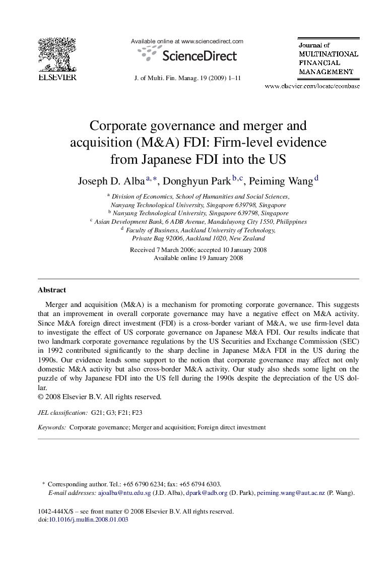 Corporate governance and merger and acquisition (M&A) FDI: Firm-level evidence from Japanese FDI into the US